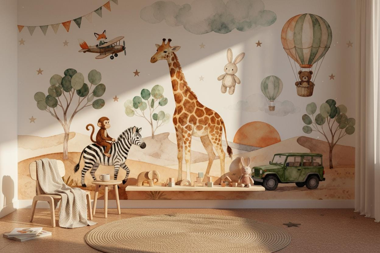 Baby Nursery Peel And Stick Wallpaper - Настенная роспись с мультяшными животными для