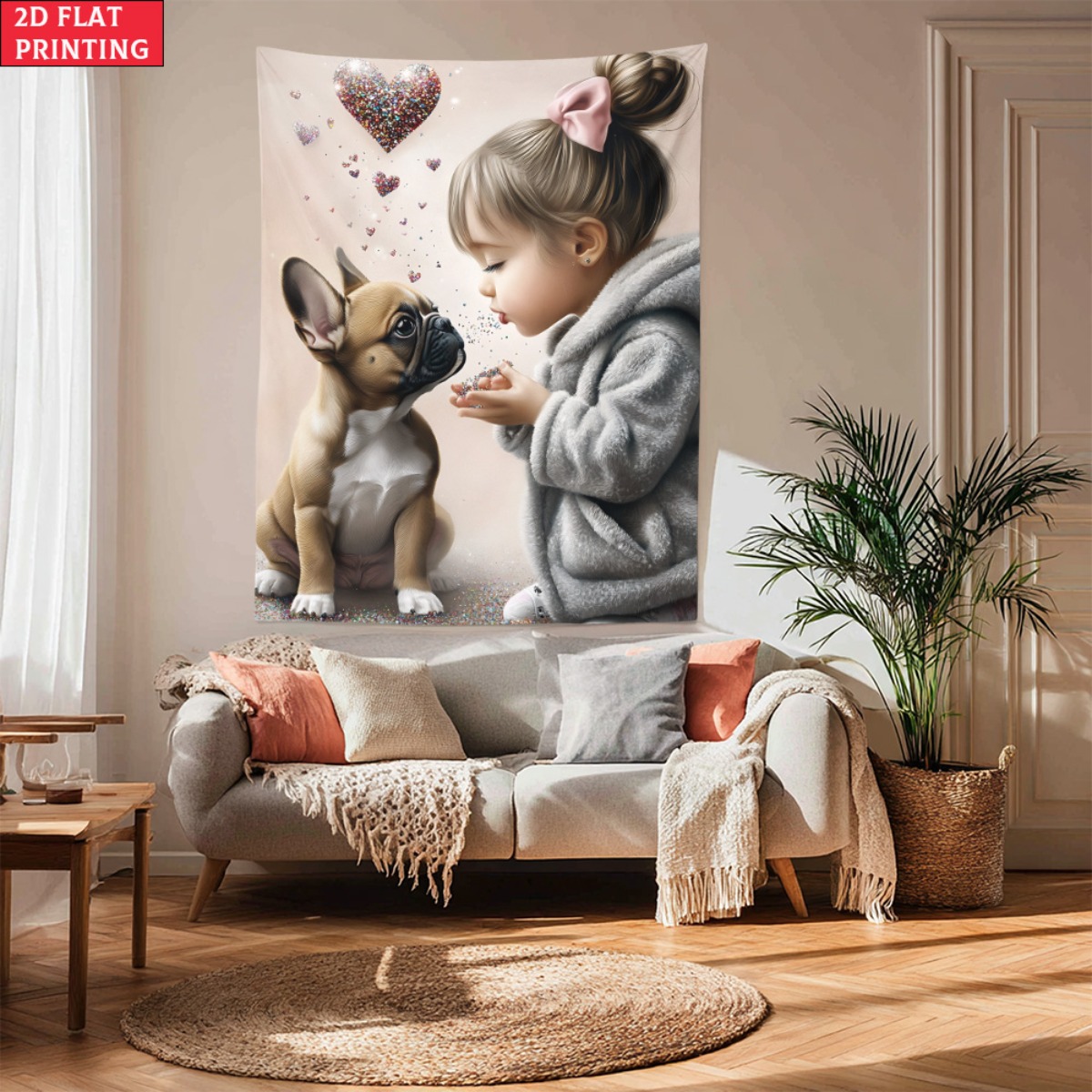 Baby Nursery Decor Girl - Девушка с французским бульдогом, щенок, сердце,