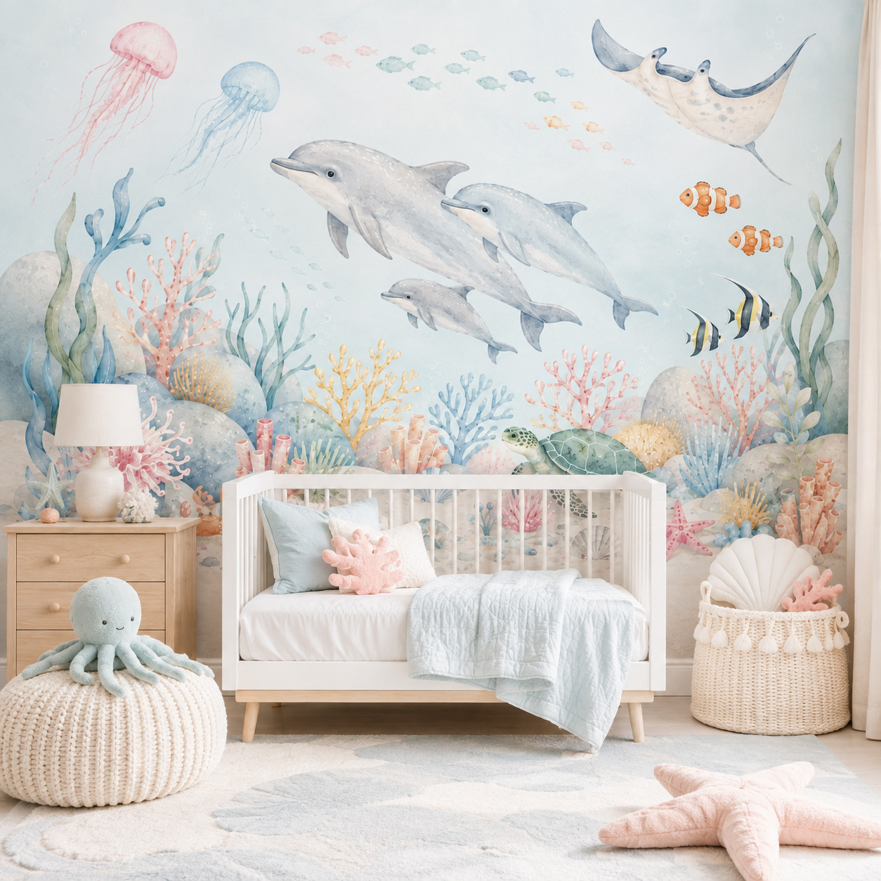 Baby Nursery Peel And Stick Wallpaper - Подводные морские животные, самоклеящиеся обои, дельфин,